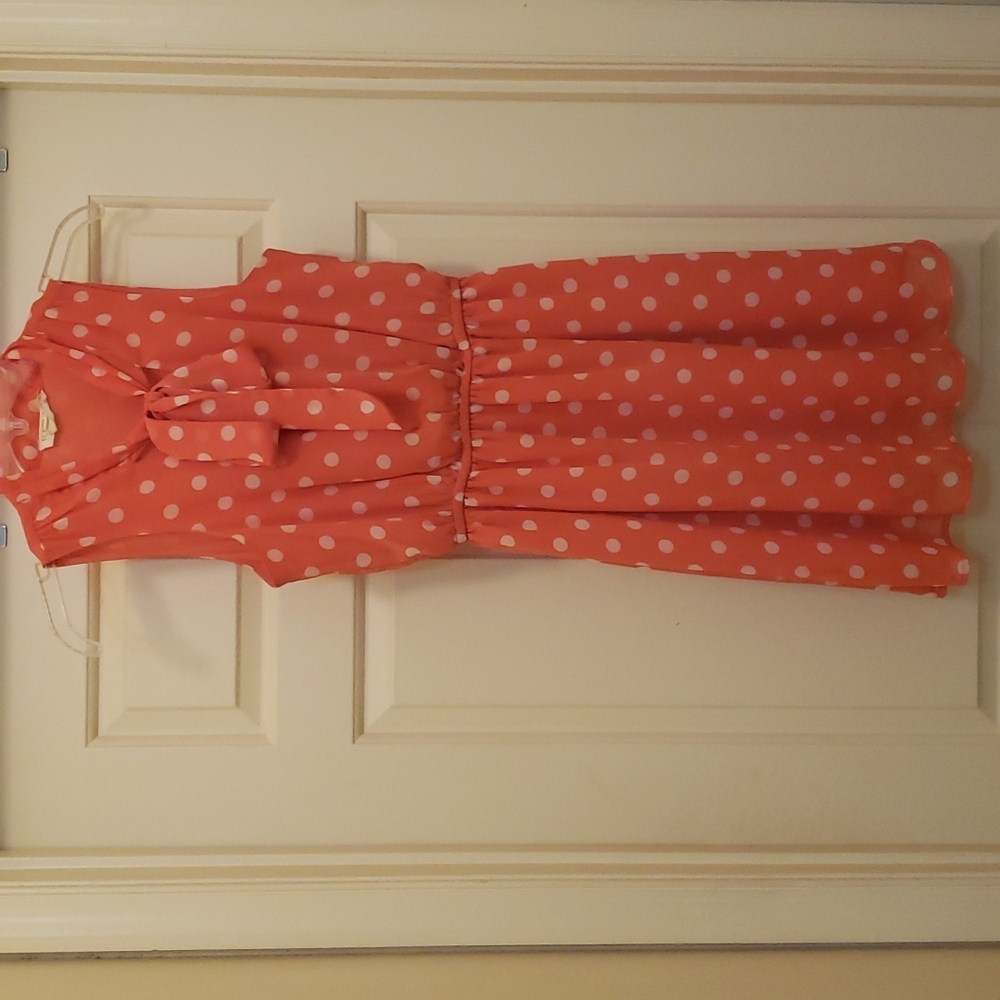 Forever 21 - Coral Summer Dress with White Polka Dots - Size Small